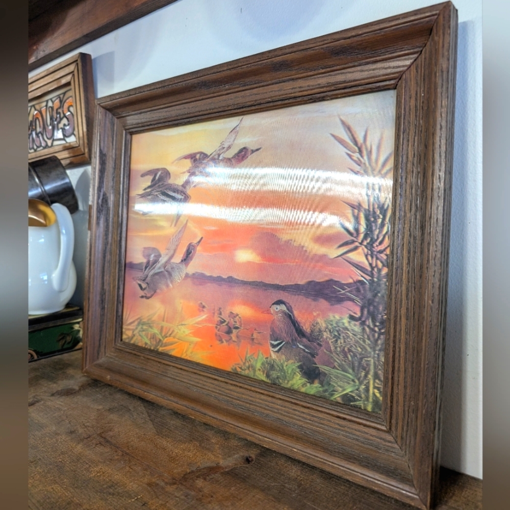Vintage 3D Lenticular Holographic Ducks in Flight Framed Wall Art Mid Century